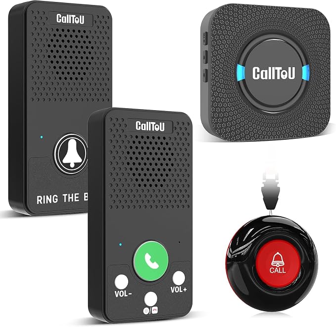 CallToU Caregiver Pager with Wireless Intercoms, 2 Call Buttons & Plug-in Receiver, Call Button for Elderly at Home, Two-Way Talk for Seniors, 500+ ft Open-Area Long Range, No WiFi, No Monthly Fee