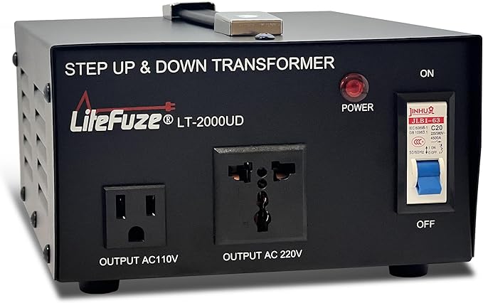LiteFuze 2000 Watt Voltage Converter Transformer Step Up/Down - 110v to 220v / 220v to 110v Power Converter - Fully USA Grounded Cord - Universal Outlet Socket, 2x US Outlets - CE Certified