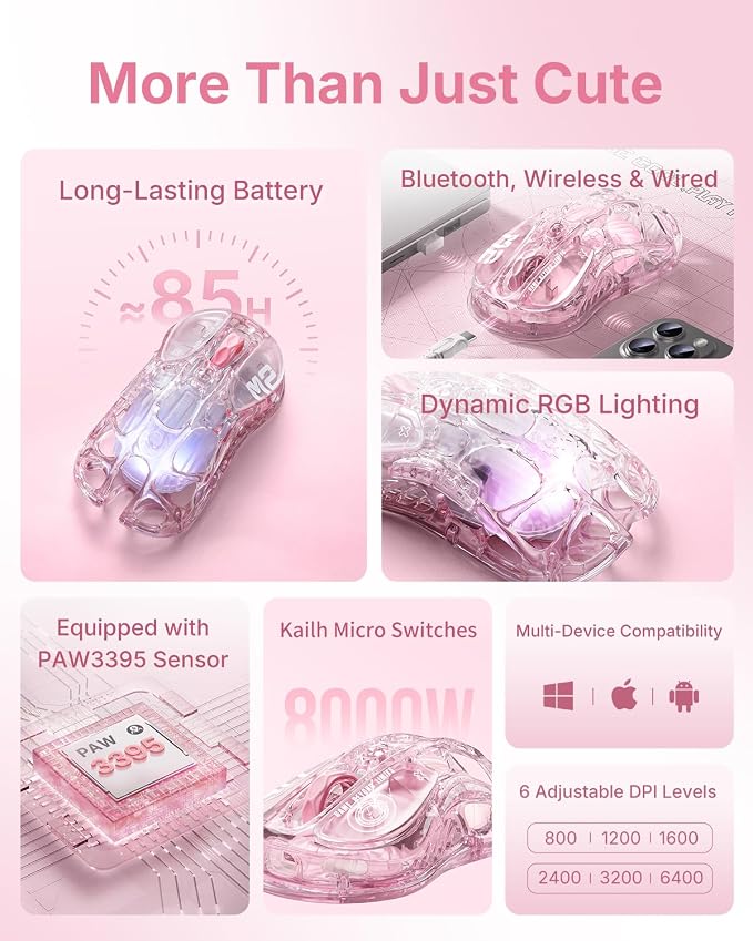 GravaStar Mercury M2 Wireless Gaming Mouse with 26,000 DPI, PAW3395DM Sensor -79g Lightweight Hollowed-Out Design -5 Programmable Buttons -5 Dynamic Lightsync RGB (Crystal Rose)