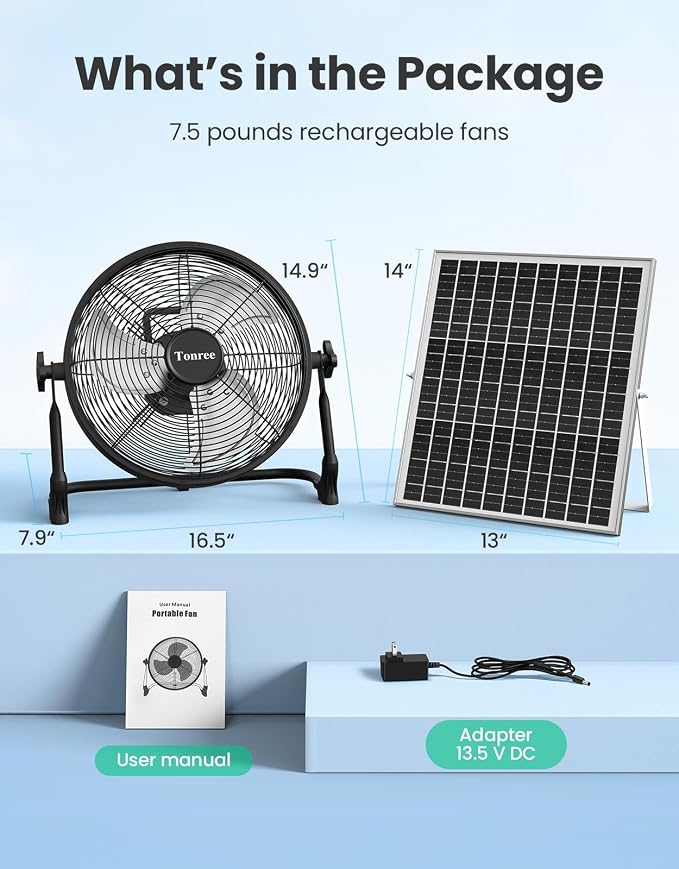 14" Portable Battery Operated Solar Fan, Rechargeable Floor Fan, Hi-Velocity Cordless Camping Fan, USB Phone Charge, 12-60H Runtime, Quiet, Wireless, For Travel Shed Outdoor Home Garage Tent Car Barn