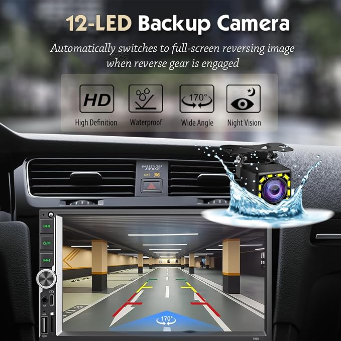 7 Inch Car Stereo with Wireless Apple CarPlay & Android Auto, Wireless AirPlay Mirror Link, Double Din Radio with 1024*600 IPS Toucscreen, AM/FM RDS, Bluetooth, Type-C/USB/TF/AUX, 12-LED Backup Camera