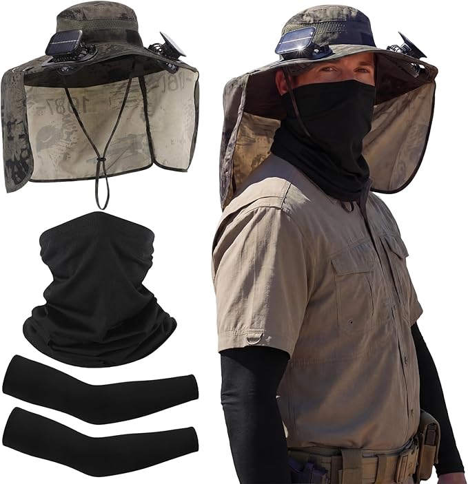 3 Pcs Solar Fan Hat with Arm Sleeves Neck Gaiter Wide Brim Sun Hat Solar Powered USB Charging for Men Women