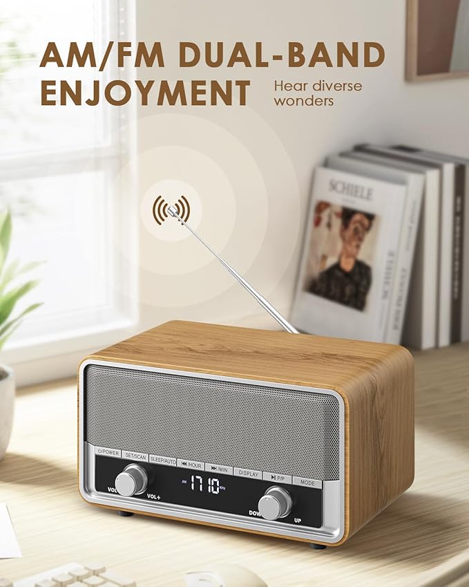 Vintage Wood AM FM Bluetooth Radio Plug in Wall, Digital Radio with Time Display | No Alarm | Sleep Timer |40 Presets, Retro Bluetooth Speaker for Office, Kitchen (Light Walnut)