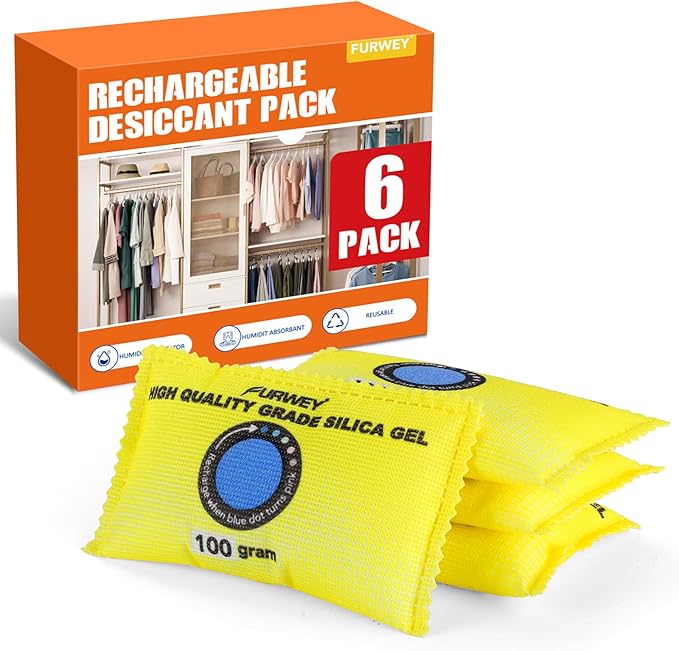 FURWEY 100g (6 Packs) Rechargeable Desiccant Packs for Storage, Color Indicating Silica Gel Desiccant Packets, Moisture absorbers for storage,Dehumidifier bag for Closets,Cars,Storage Bins