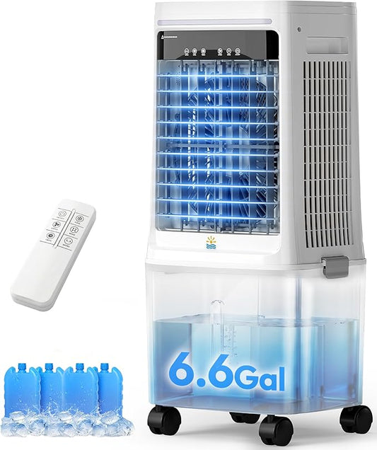 3-in-1 Portable Evaporative Air Cooler - 2000 CFM Swamp Cooler with 6.6-Gal Dual Tank & 4 Ice Packs, Remote Control, 12H Timer, Oscillating Cooling Fan That Blows Cold Air for Large Room, Office