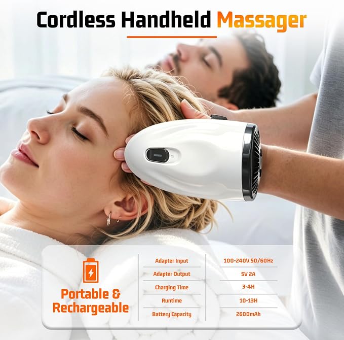 Professional Barber Handheld Massager, Cordless Vibration Massage Tool with 5 Speeds & 5 Modes, Wearable Palm Strap Design for Neck, Shoulders, Arms, Legs, 2600mAh Type-C Rechargeable, White
