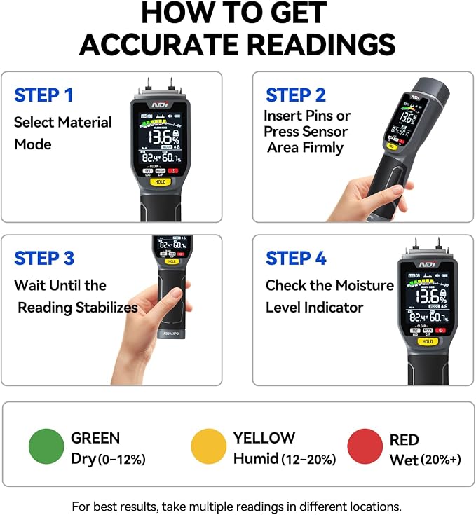 NDI ND316PRO Dual-Mode Moisture Meter – Pin & Pinless Non-Destructive, Wood & Building Materials, Temperature & Humidity Display, Data Log, Backlit LCD