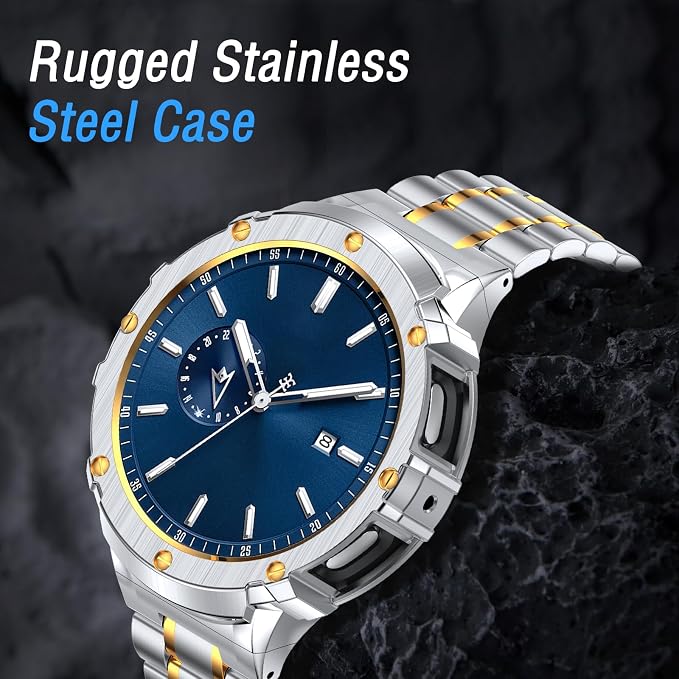 BAITEYOU Stainless Steel Bands with Case Compatible with Samsung Galaxy Watch 4 5 44mm, Rugged Protective Case Cover and Metal Band for Galaxy Watch 4 5 44mm for Men (Silver Gold)