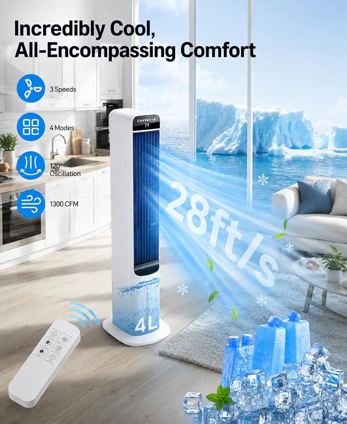 Uthfy 41 Inch Swamp Cooler Air Conditioner, 3-in-1 Portable Air Conditioners with 4 Modes, 3 Speeds, 120° Oscillation, 4 Ice Packs, Removable Water Tank, Cooling Fans that Blow Cold Air with Remote