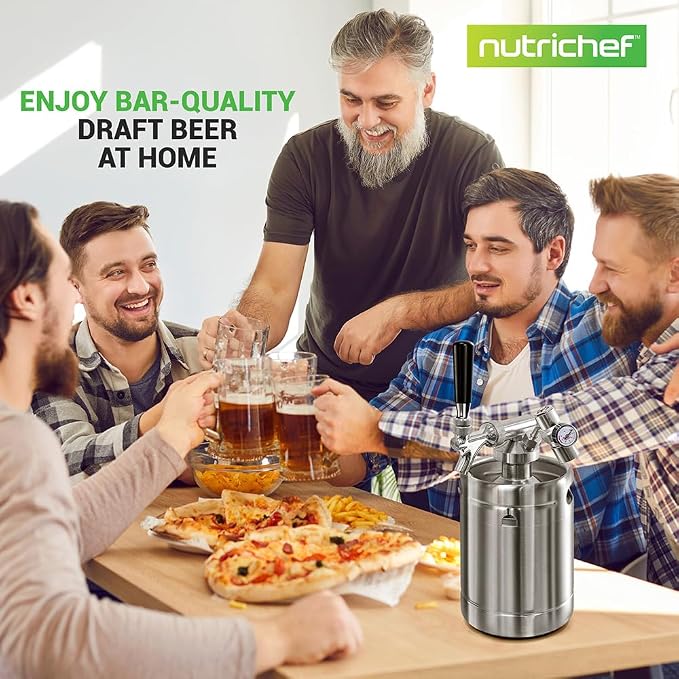 NutriChef Pressurized Growler Tap System, 64oz Stainless Steel Mini Keg Dispenser Portable Kegerator Kit, Co2 Pressure Regulator Keeps Carbonation for Craft Beer, Draft and Homebrew