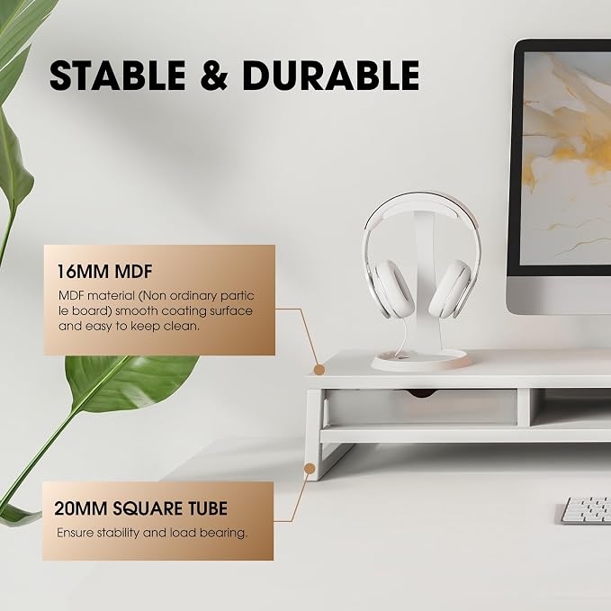 Fenge Dual Monitor Stand, Monitor Riser with Drawer, 42.5 Inch Large Computer Monitor Stand for 2 Monitors, 2 Tier Wooden Desk Shelf for Top of Desk