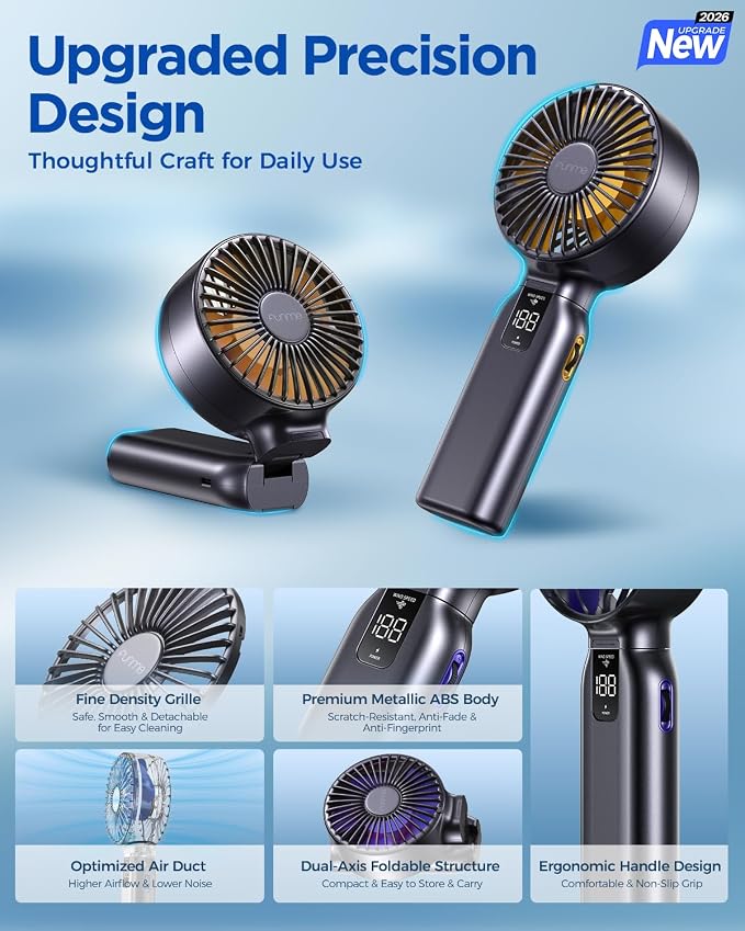 Funme Portable Handheld Fan, 10000mAh Rechargeable Personal Fan with 1-100 Speed Scroll Wheel Control, 46H Max Cooling, Boost Mode, LED Display, Metal Body, Foldable Desk Fan for Travel Outdoor, Gold
