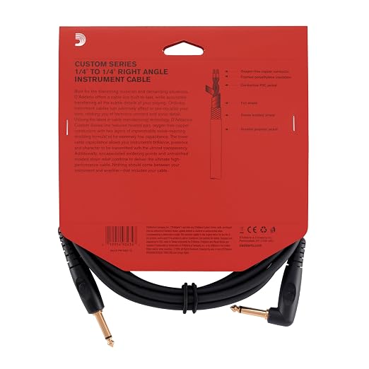 D'Addario Guitar Cable - Guitar Lead - Shielded Ends - 1/4 Inch Male to 1/4 Inch Male - Custom Series - 10 Feet/3.05 Meters - Straight End/Right Angle - 1 Pack
