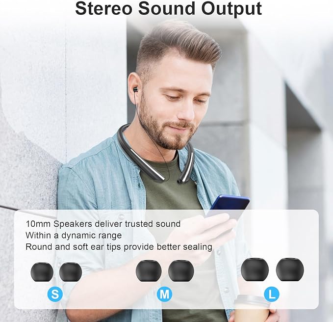 Bluetooth 5.0 Neckband Bluetooth Headphone, Sweat Resistant Noise Cancelling Stereo Headphones, and Retractable Ear Tips for Music, Conference, Videos (Black)
