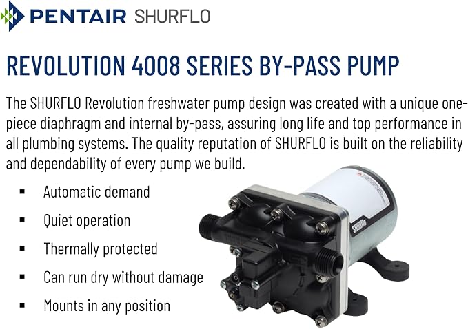 PENTAIR SHURFLO Revolution 4008-101-E65 RV Fresh Water Pump 12V 3.0 GPM 55 PSI Quiet Automatic Demand Diaphragm By-Pass Pump