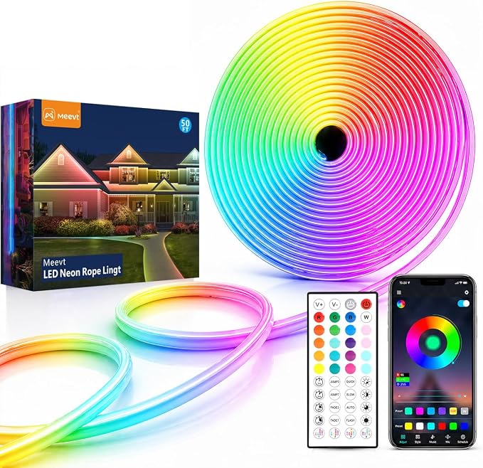 49.2Ft RGB Neon Rope Lights, 1080 LEDs 24V Side-Emitting LED Strip Lights with App and Remote Control, 360° Bendable Flexible Strip Lights with Music Sync for Bedroom, Ceiling, Living Room