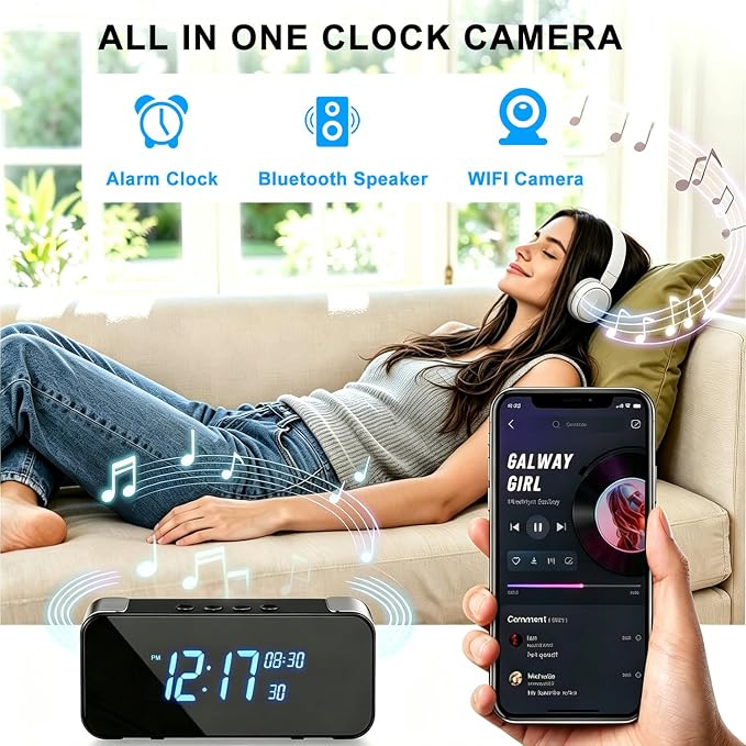 4K Hidden Camera Alarm Clock with Bluetooth, WiFi Wireless Nanny Cam for Home Security with Night Vision, Motion Detection, Remote Live Stream