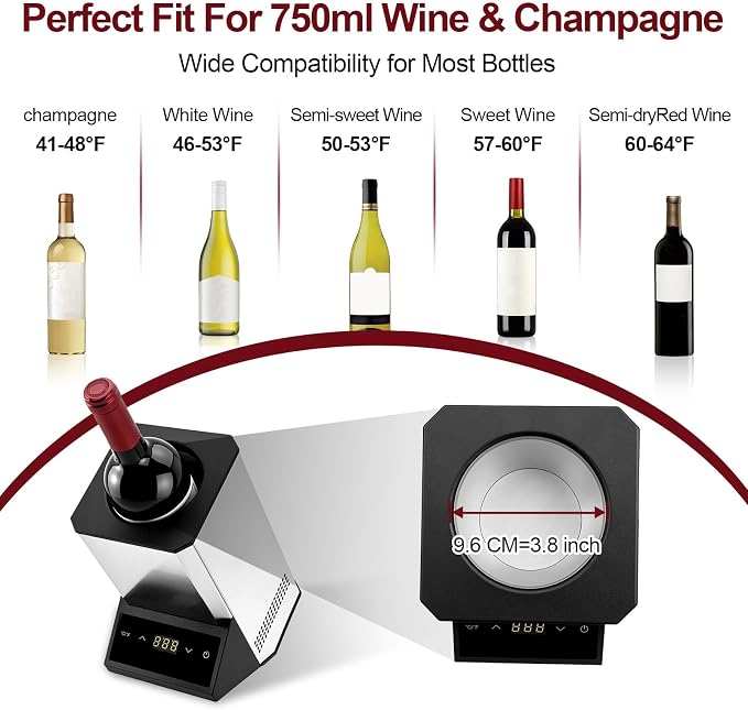 Electric Wine Chiller Single Bottle, Adjustable 41-64°F Fits 750ml Bottles | Iceless & portable design, supports 24-hour use. Suitable for home bar, gatherings, countertop and holiday gift