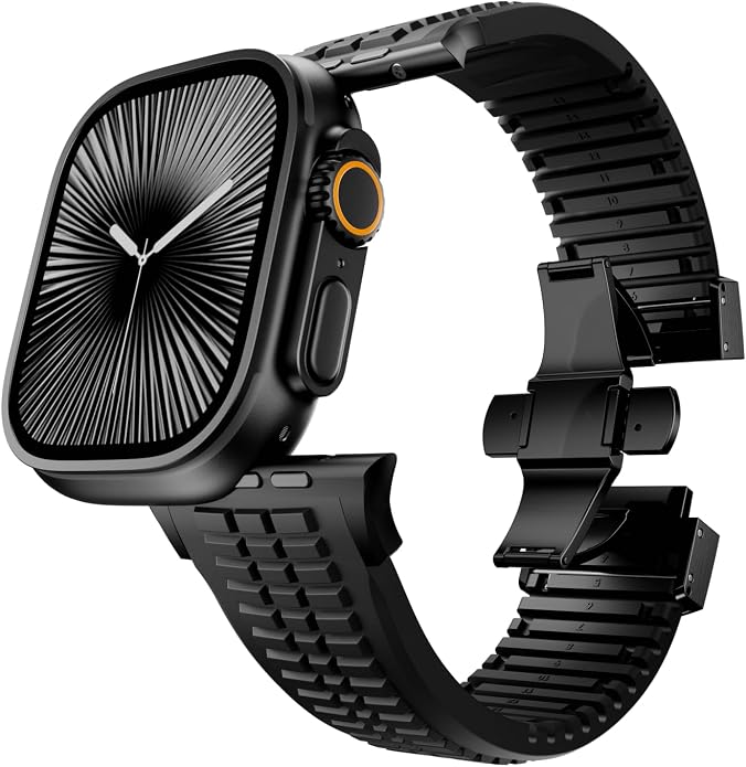 Silicone Watch Band Compatible with iWatch Ultra 2 / Ultra/Series 10 9 8 7 (44mm 45mm 46mm 49mm), Sport bands with Folding buckle, Rugged Heavy Duty Modern Design for Men