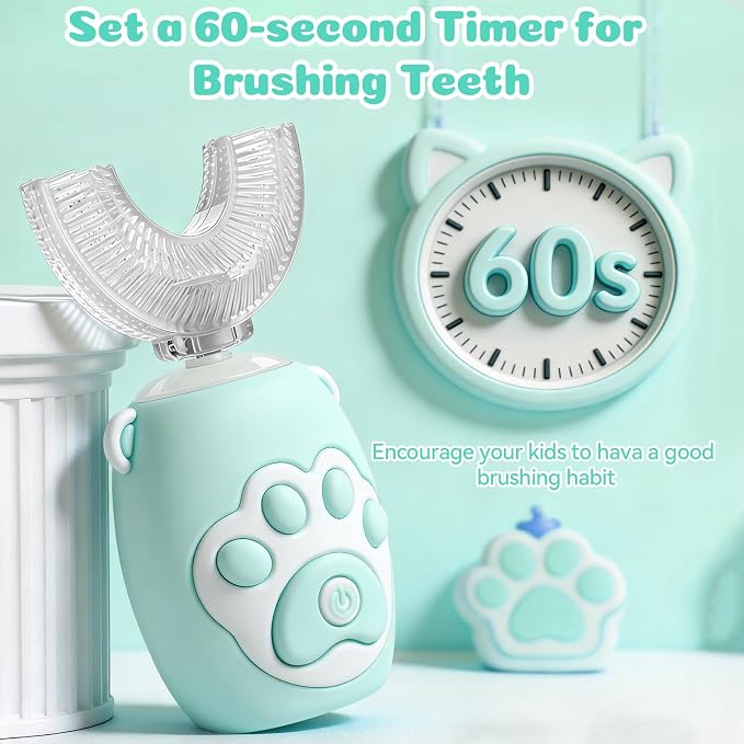 Kids U Shaped Electric Toothbrush for Age 2-12, Rechargeable Toddler Toothbrush with Smart Timer & 3 Clean Modes, Cat's Claw Design, IPX7 Waterproof, 3 Brush Heads & 360°Cleaning