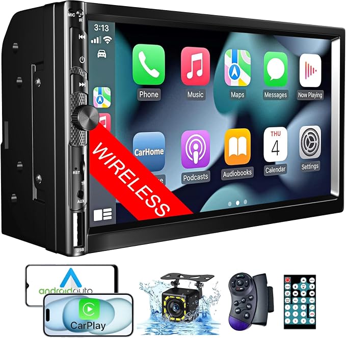 Wireless 7 Inch Double Din Car Stereo with Apple Carplay,HD 1024 * 600 Touch Screen,FM Car Radio Receiver with Bluetooth 5.1 Hands-Free,GPS Navigation,Backup Camera,Android Auto,USB/AUX/TF/SWC/EQ