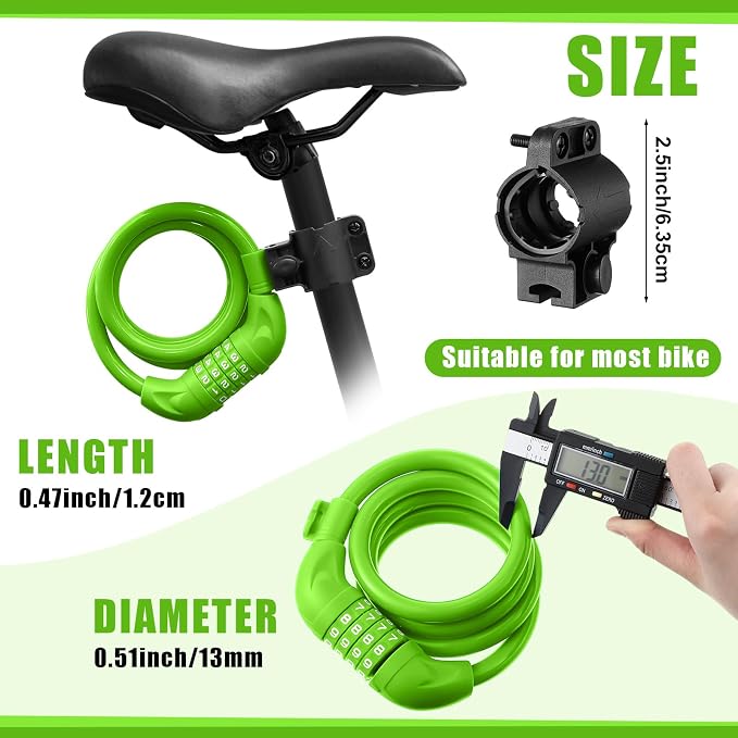 Hotop 8 Pcs Bike Locks Bulk High Security 4 Digit Heavy Duty Bicycle Cable Locks with Mounting Bracket 4 Ft Resettable Coiling Bike Lock with Combination, 1/2 Inch Diameter(Green)