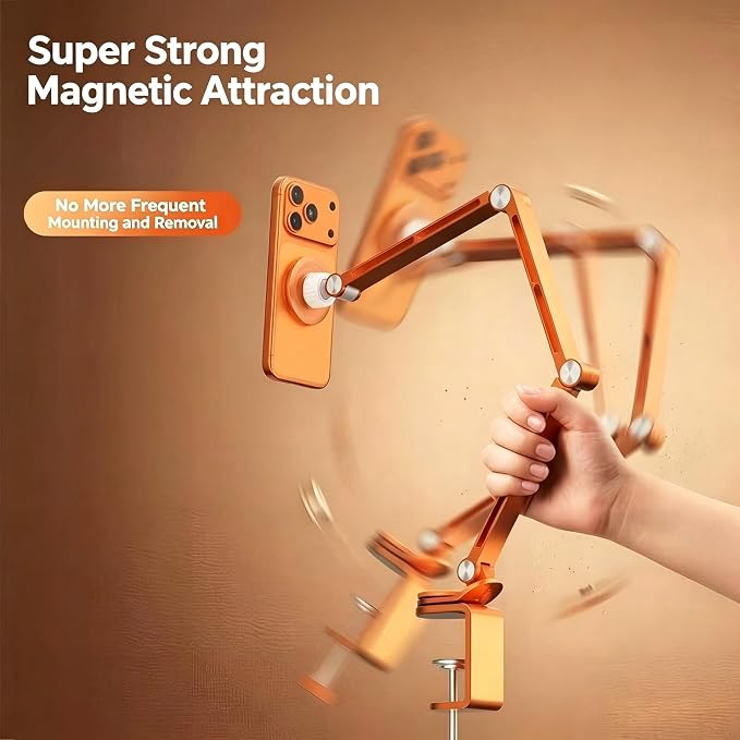 Magnetic Cell Phone Stand for Desk,360°Rotation Aluminum Tablet Holder,Hight Adjustable Foldable Phone Holder for 4-12.9" Devices Compatible with MagSafe/iPhone/Android/iPad (Orange)