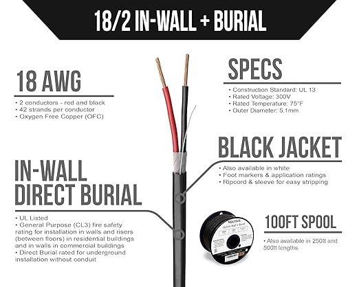 Voltive 18/2 Low Voltage Wire, in-Wall CL3 & Direct Burial, Black, 100ft - 18AWG, 2 Conductors, Stranded Bare Copper, UL Listed - V-1212-1