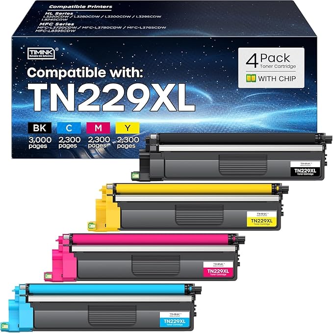 Compatible TN229XL Toner Cartridge Replacement for Brother TN229 XL TN 229XL TN229 Toner Work with Brother HL-L3220CDW MFC-L3720CDW HL-L3280CDW HL-L3300CDW MFC-L3780CDW Printer (BK/C/M/Y-4 Pack)