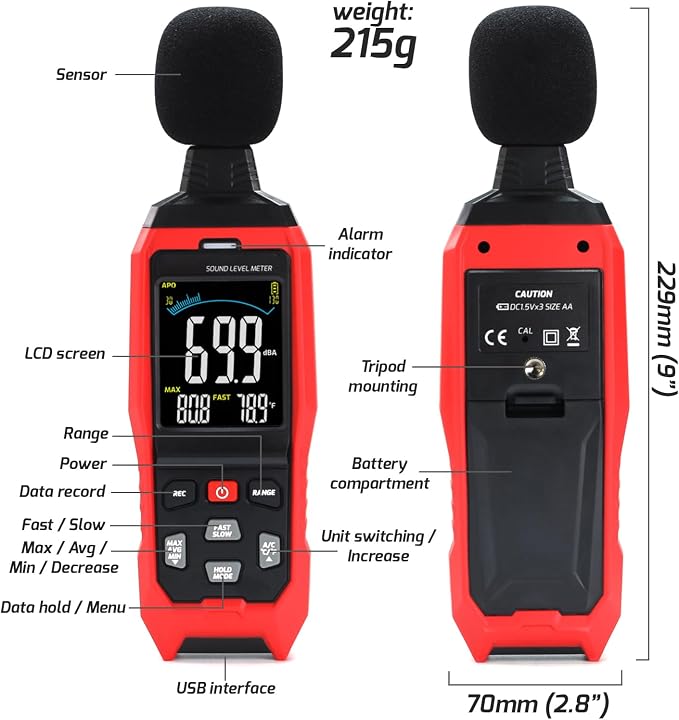Sound Level Meter Data Logger Decibel Meter with Record Function, Portable Noise Meter 30~130dB Sound Meter A/C/Z Weighting Noise Testing with Audible Visual&Alarm, Temperatue, Analog Bar Indicator