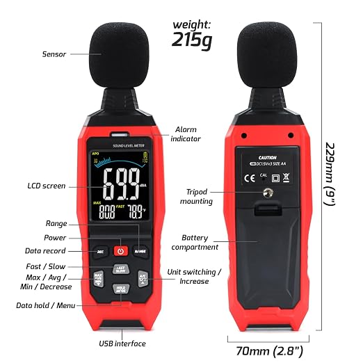 Decibel Meter Data Logger Large LCD Sound Level Meter Noise Meter A/C/Z Weighting High Accuracy Sound Meter with Audible Visual Alarm Data Recording Fast/Slow Temperature for Classroom Noisy Neighbor
