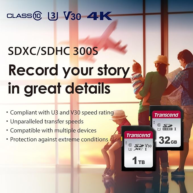 Transcend SDC300S 512GB SDXC SD Card, UHS-I U3 V30, 4K UHD & Full HD for DSLR Cameras/Digital Cameras/Trail Cameras/Camcorder, Up to 100MB/s, Class 10 High-Speed Memory Card