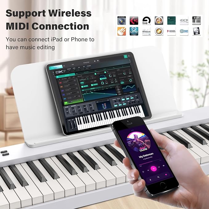 88 Key Keyboard Piano BSP-10F Portable Folding Piano with Semi-Weighted Keyboard, 128 Tones, USB MIDI, Sustain Pedal, Music Stand for Beginners Gifts, White