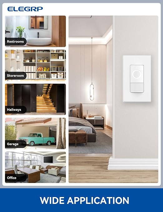 ELEGRP Smart Motion Sensor Switch, 2.4GHz Wi-Fi Single Pole Light Switch Works with Alexa & Google Assistant, APP Remote Control, Neutral Wire Required, UL Certified, No Hub Required (White, 1 Pack)