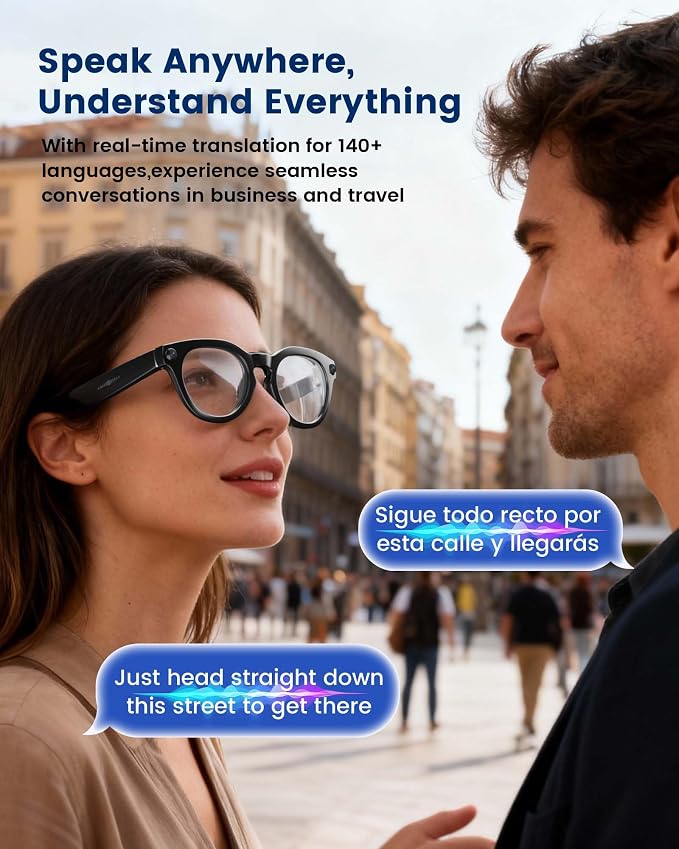 AI Smart Glasses with 8MP Camera, Continuous 12-Min 1200P Video Recording, Real-Time Translation & Voice Assistant, Open-Ear Bluetooth Audio for Vlogging, Travel & Meetings