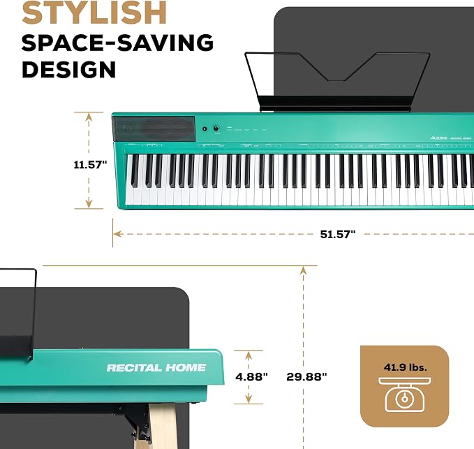 Alesis Recital Home Digital Piano with 88 Hammer Action Weighted Keys, Stand, Pedals and Lessons, Turquoise