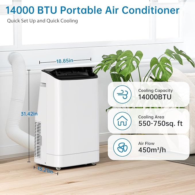 15000 BTU Portable Air Conditioner - 3 in-1 AC Unit Cools 850 Sq. Ft Rooms, Quiet 50 dB Operation w/Touch Control & Remote, Includes Window Kit & 24H Timer, Dehumidifier & Fan Modes for Bedroom