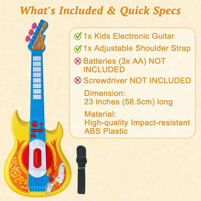 Sealive Toy Guitar for Kids Ages 3-5, 22 Inch Electric Guitar with Strap | Toy Guitar for Toddler 3-5, Pretend Play, Music Learning, Birthday Gift, Flashing Lights, Realistic Strumming, Yellow