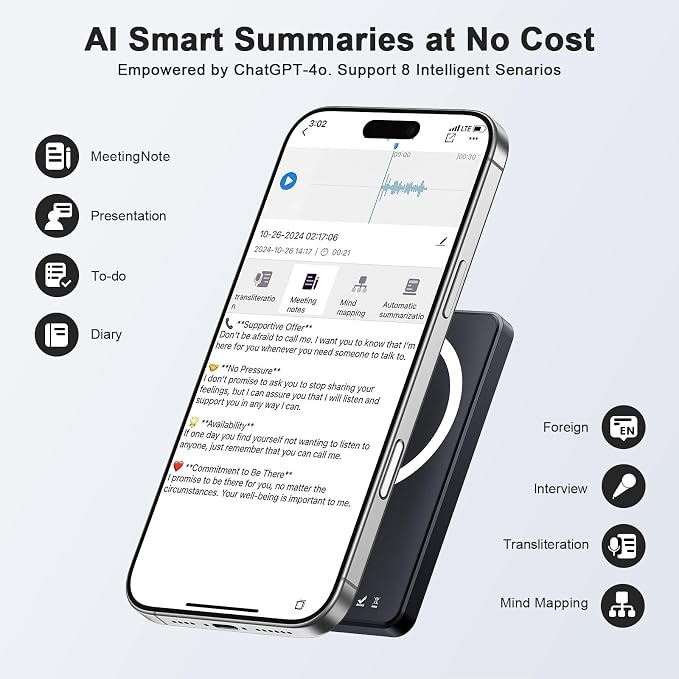 TTQ Note AI Voice Recorder with ChatGPT-Powered Transcription, Summary & Translation, App-Controlled, 121 Languages, 64GB, Wireless Charging, for Meetings, Lectures & Calls