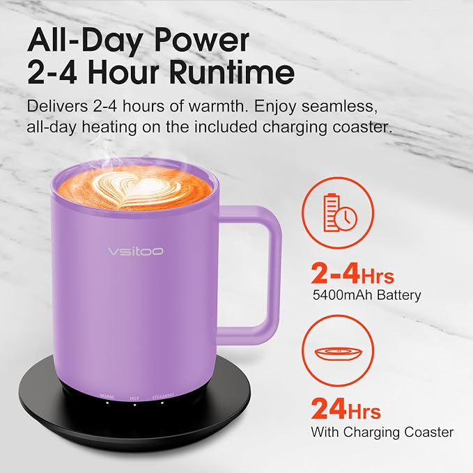 VSITOO S3 Plus 14oz Self Heating Coffee Mug with Auto-Sensing AI - Smart Rechargeable Heated Mug, Temperature Control 120-150℉, IPX7 Waterproof, Coffee Warmer Gift for Women Men-Purple