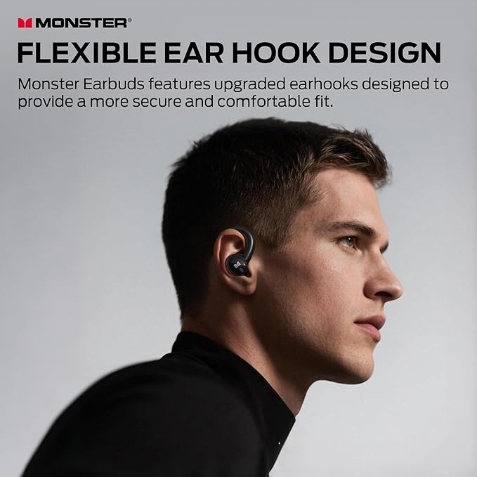 Monster N-Lite 216 Wireless Earbuds, Sports Earbuds with Earhooks, Noise Cancelling Headphones, Stereo Deep Bass Over Ear Buds 48H Playtime, IPX6 Waterproof Earphones for Sports/Running/Workout（Black）