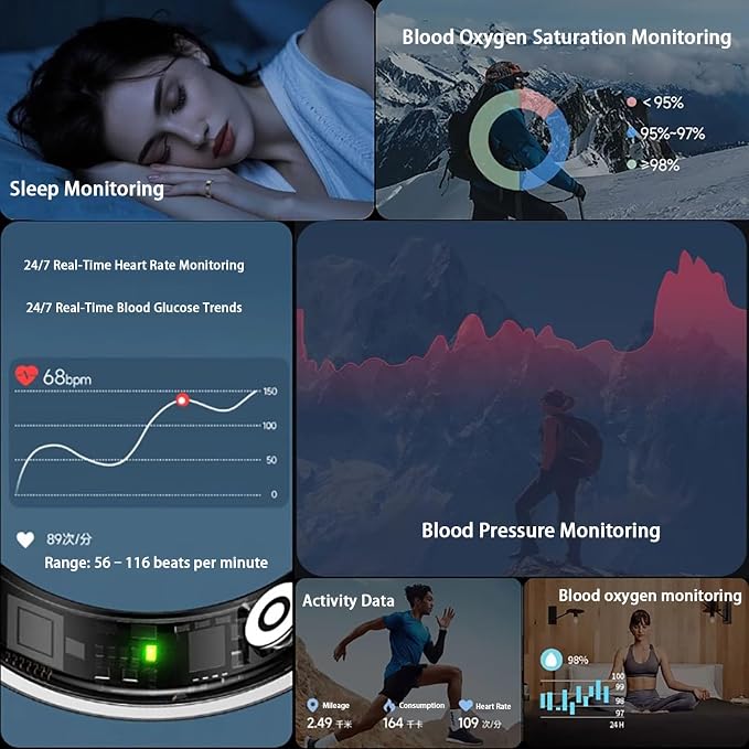 Smart Ring for Women & Men, AI Health Monitor with Blood Oxygen & Stress Tracking, No Subscription Fee, IP68 Waterproof Diamond-Encrusted Black 8#