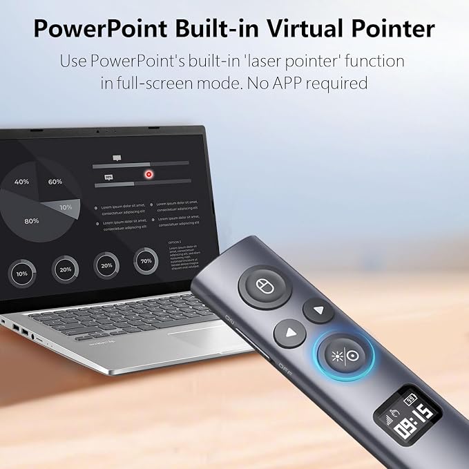 Norwii N95s BLE Presentation Clicker with Digital Pointer for PowerPoint Presentation on TV Screen and Projection Screen, Wireless Presenter Remote with Countdown Timer (Green Light-USB-A)