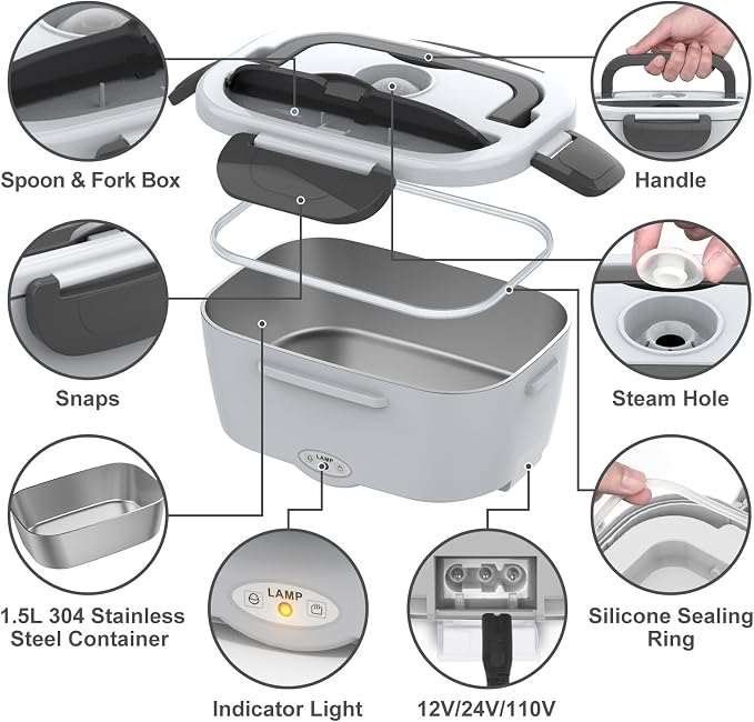 Electric Heated Lunch Box for Adults 80W Portable Food Warmer with 12V/24V/110V/220V for Work Travel Jobsite Camping Christmas Loncheras Para Hombres De Trabajo Gifts Fathers Day for Dad Husband Men
