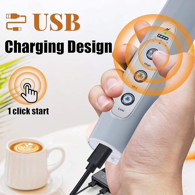 Nahida Cement Gray Milk Frother Wand for Coffee, Frother Handheld Rechargeable Electric Whisk with 3 Heads 3 Speeds Drink Mixer Coffee Frother Foam Maker For Latte, Cappuccino, Hot Chocolate, Egg