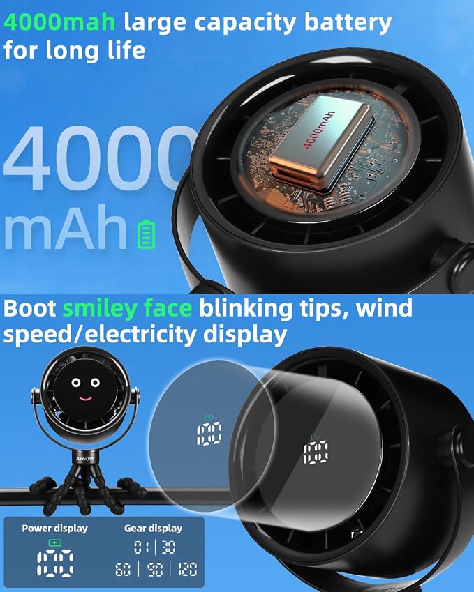 Akejrym Stroller Fan Portable, Personal Fan for Travel, Digital display, Detachable 5 Speeds Rechargeable 360° Rotate Flexible Tripod Fan, For Home Office Stroller Camping - Black