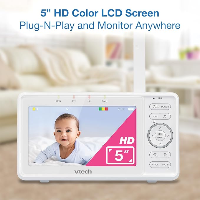 VTech Video Baby Monitor VM5263, 5" HD LCD, Pan-Tilt-Zoom, White