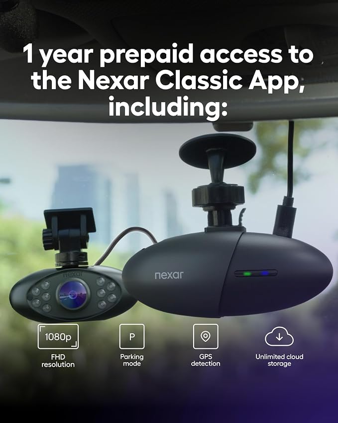 Nexar Pro Dual Dash Cam 1080p FHD Front and Interior Cameras AI Crash Detection 24H Parking Mode Night Vision and Unlimited Cloud Backup Includes 32GB SD Card