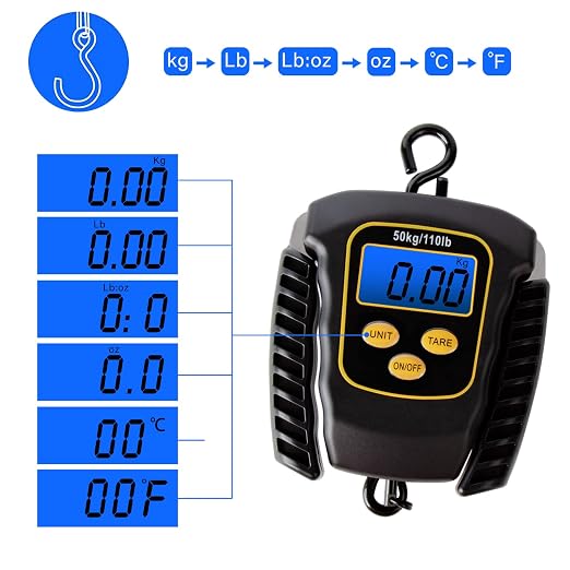 Fish Scale 110lbs/50kg Portable Hanging Fishing Weight Scale Digital Spring Balance Folding Handles Bag Weight Scale Waterproof Hanging Hook Scale with Back-lit LCD Display Fishing Gift for Men