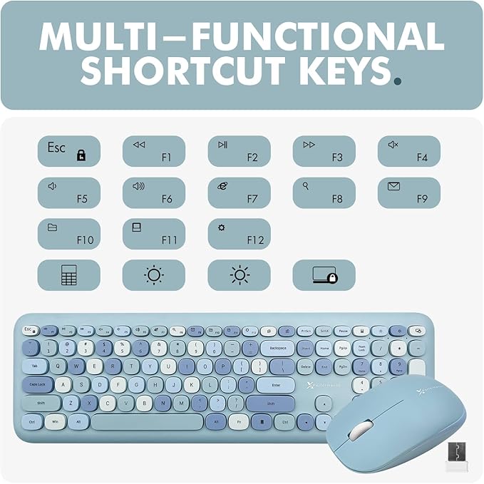 X9 Cute Wireless Keyboard and Mouse Combo - Retro Typewriter Keyboard and Mouse with Round Bubble Keys, 110 Keys and 18 Shortcuts Keyboard - Colorful Blue Keyboard Mouse Combo for PC Computer, Laptop
